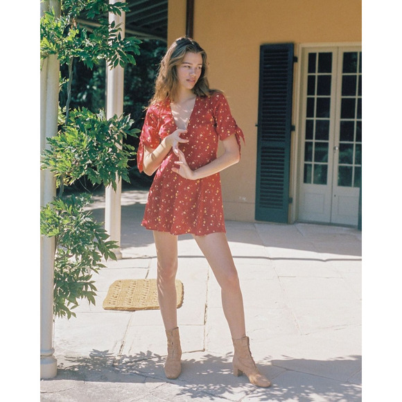 With Jean Beaucoup Floral Plunge V-Neck Short Sleeve Summer Mini Dress Red S - Picture 3 of 13